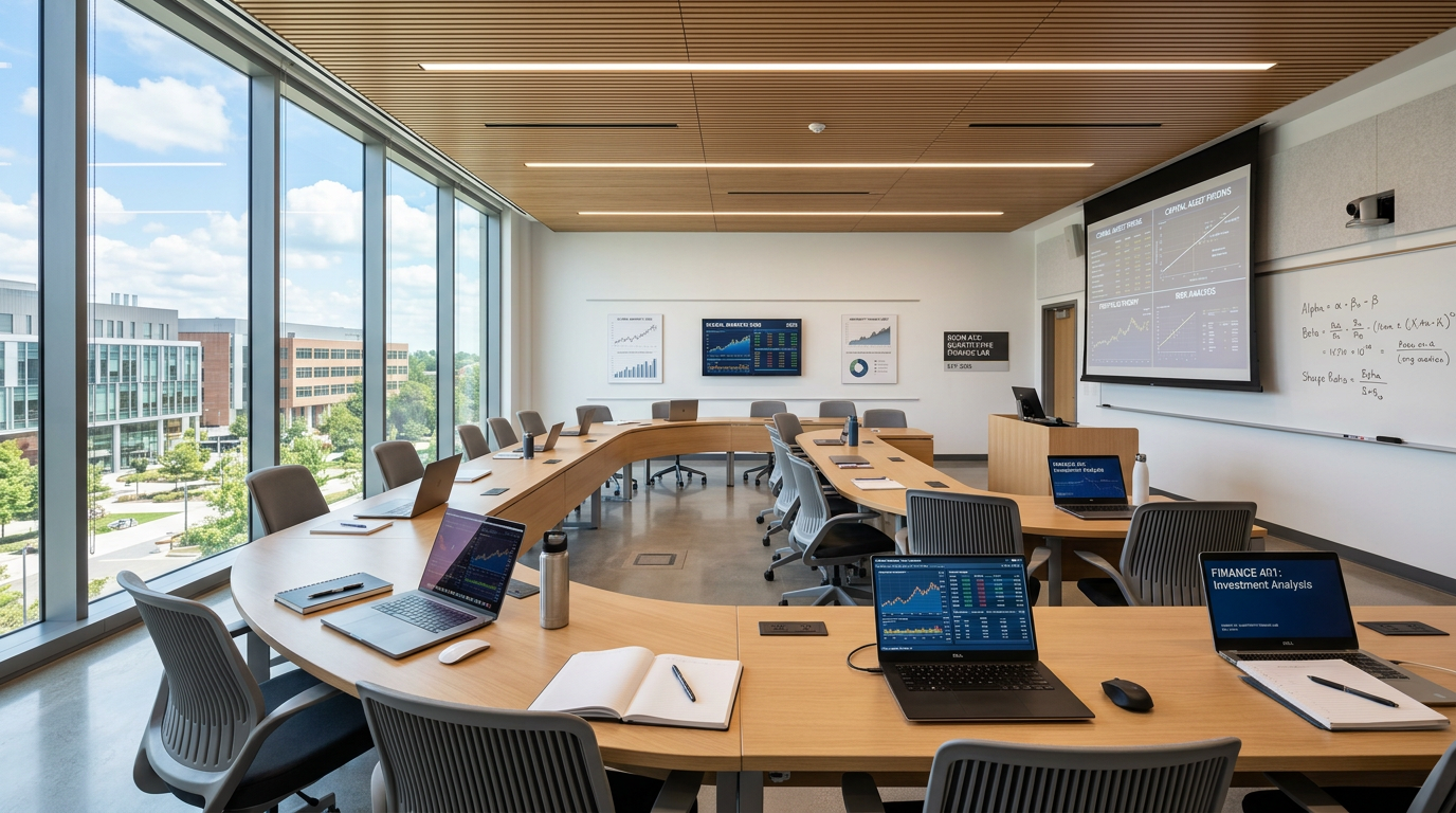 Modern finance academy learning space with collaborative workstations and natural light